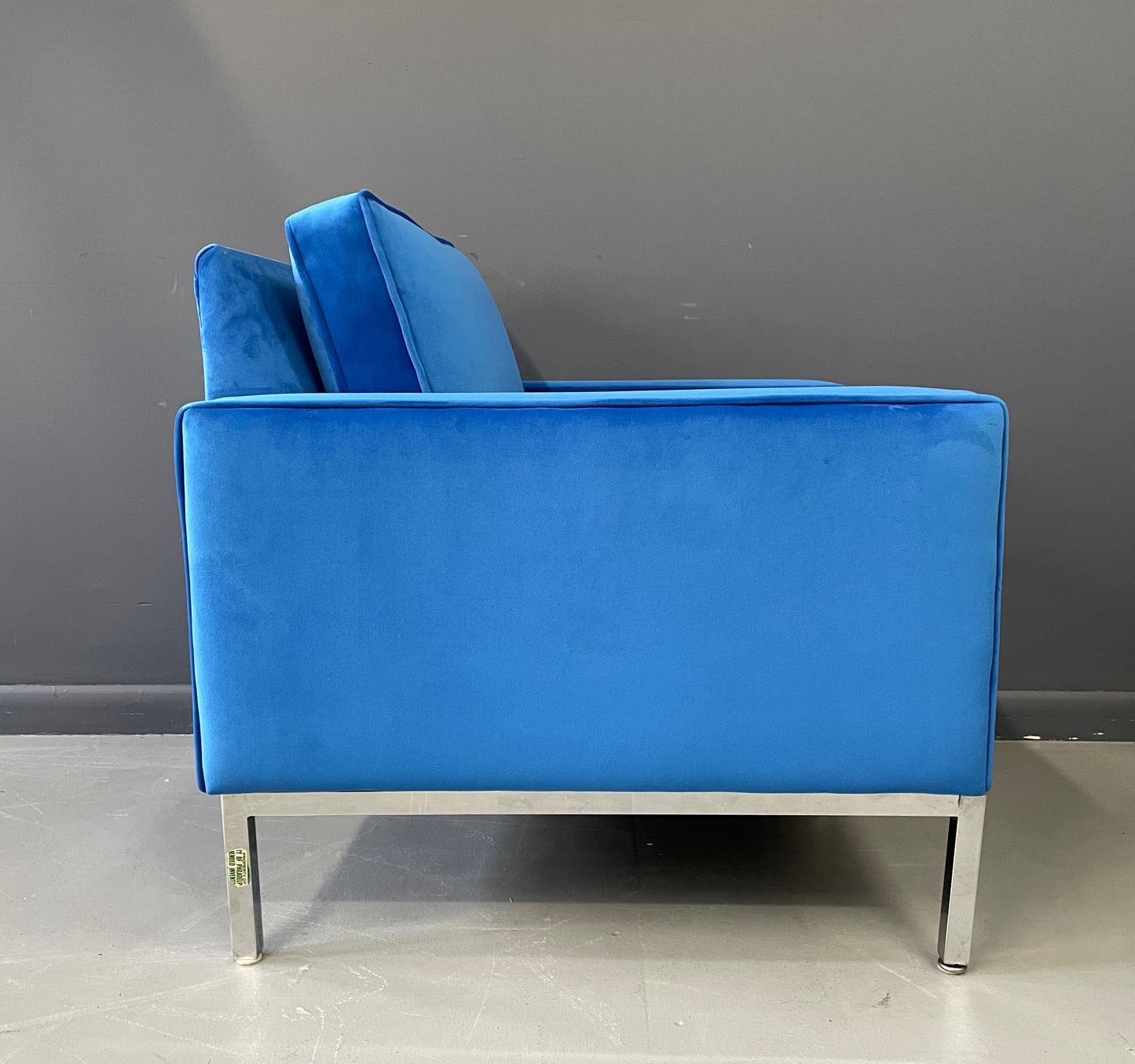 Steelcase Chromed Steel Lounge Chair Draped in Blue Velvet Mid Century