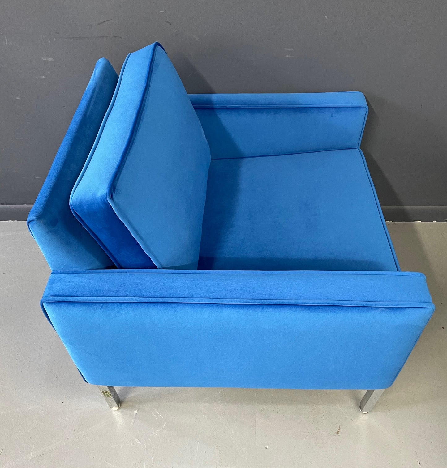 Steelcase Chromed Steel Lounge Chair Draped in Blue Velvet Mid Century