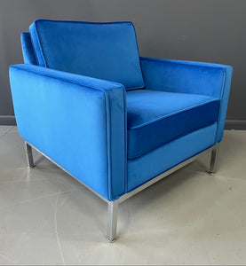 Steelcase Chromed Steel Lounge Chair Draped in Blue Velvet Mid Century