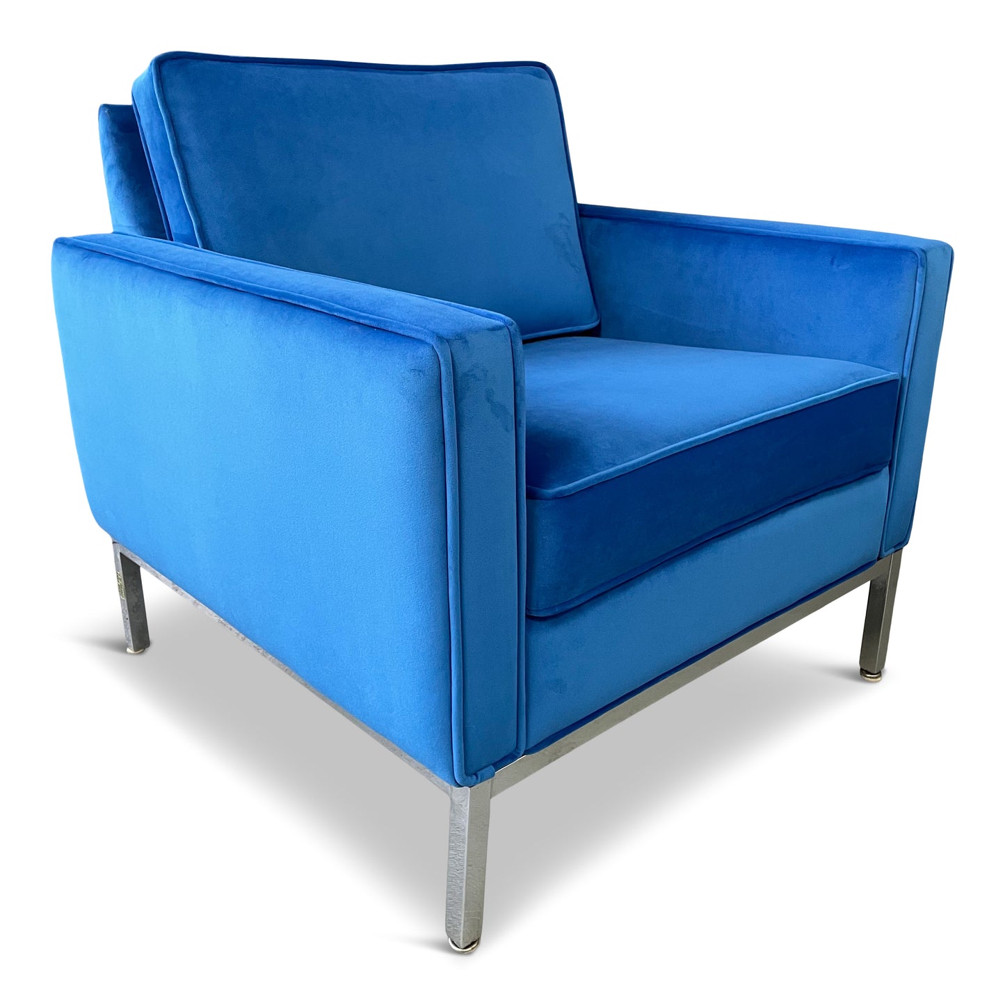 Steelcase Chromed Steel Lounge Chair Draped in Blue Velvet Mid Century