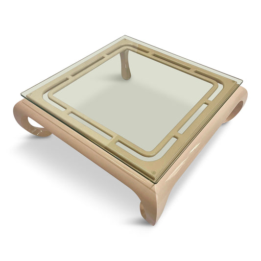 SOLD – Hollywood Regency Lacquered Asian Influenced Coffee Table in Dusty Rose