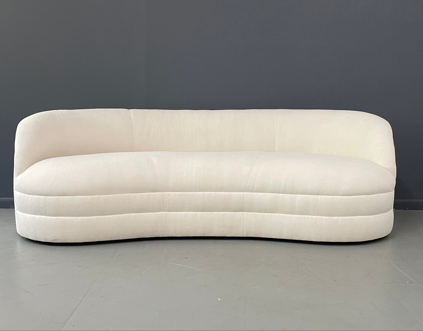 SOLD – Weiman Style Curved Mid Century Sofain Textured White Velvet