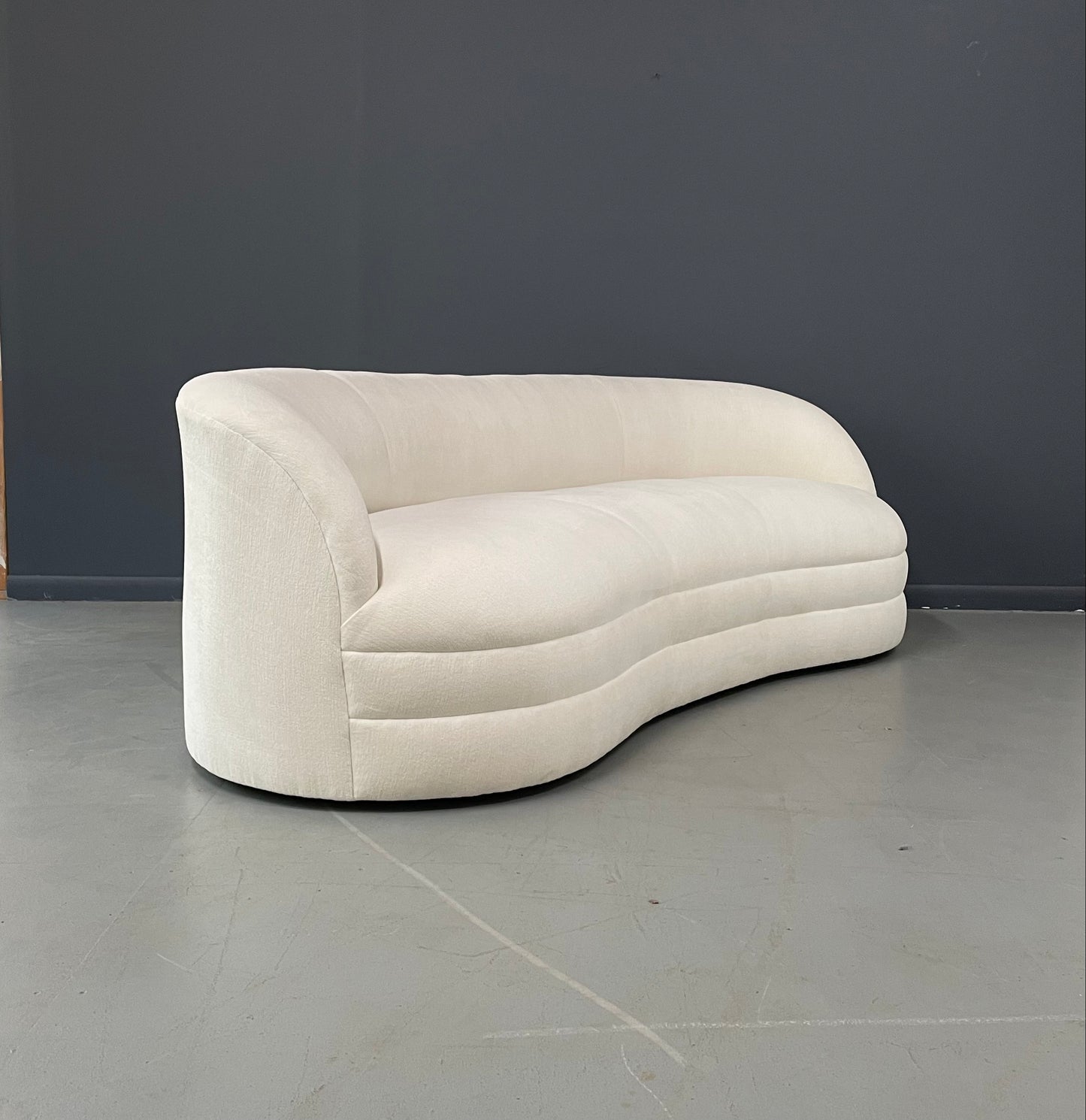 SOLD – Weiman Style Curved Mid Century Sofain Textured White Velvet