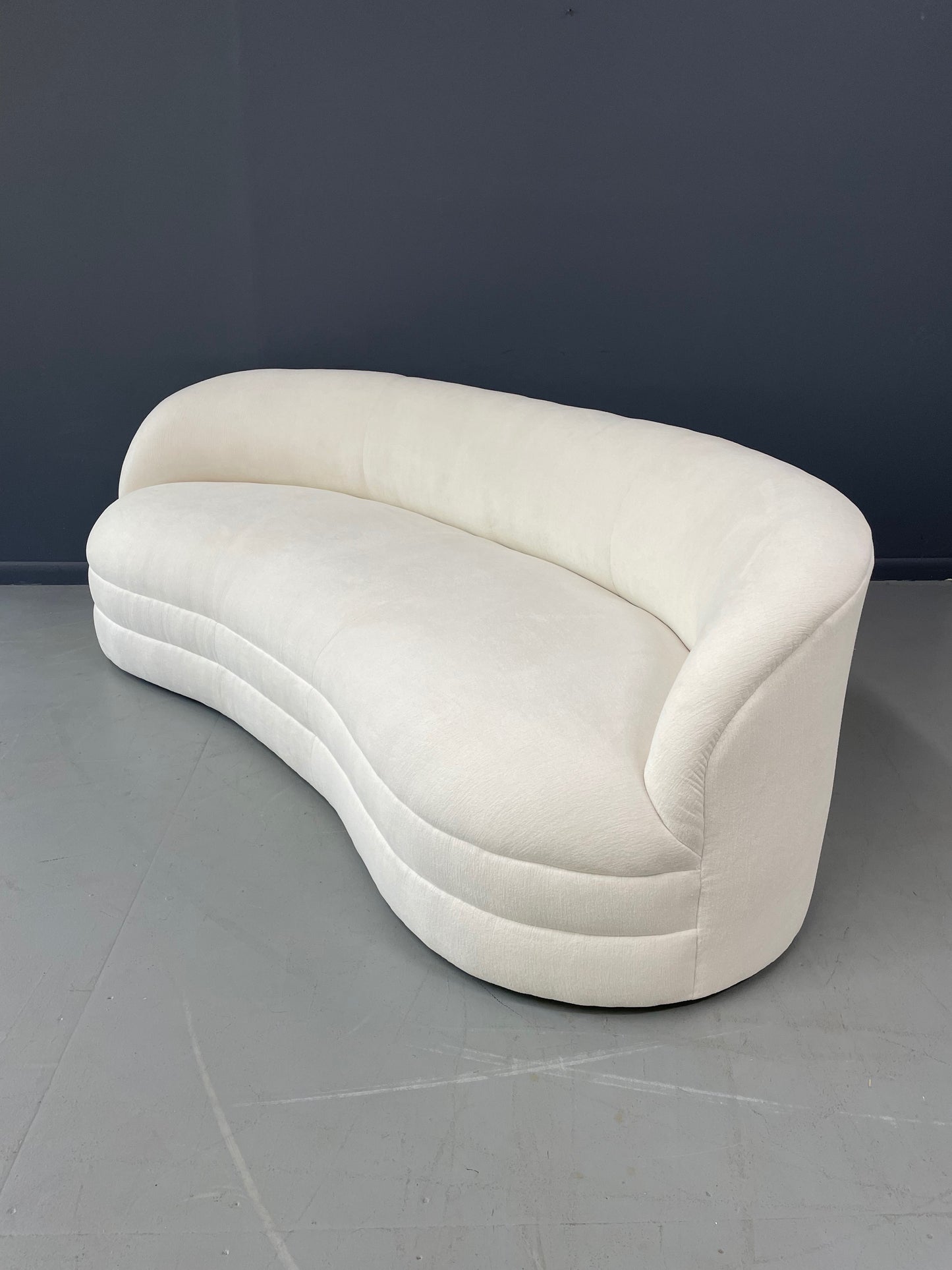 SOLD – Weiman Style Curved Mid Century Sofain Textured White Velvet