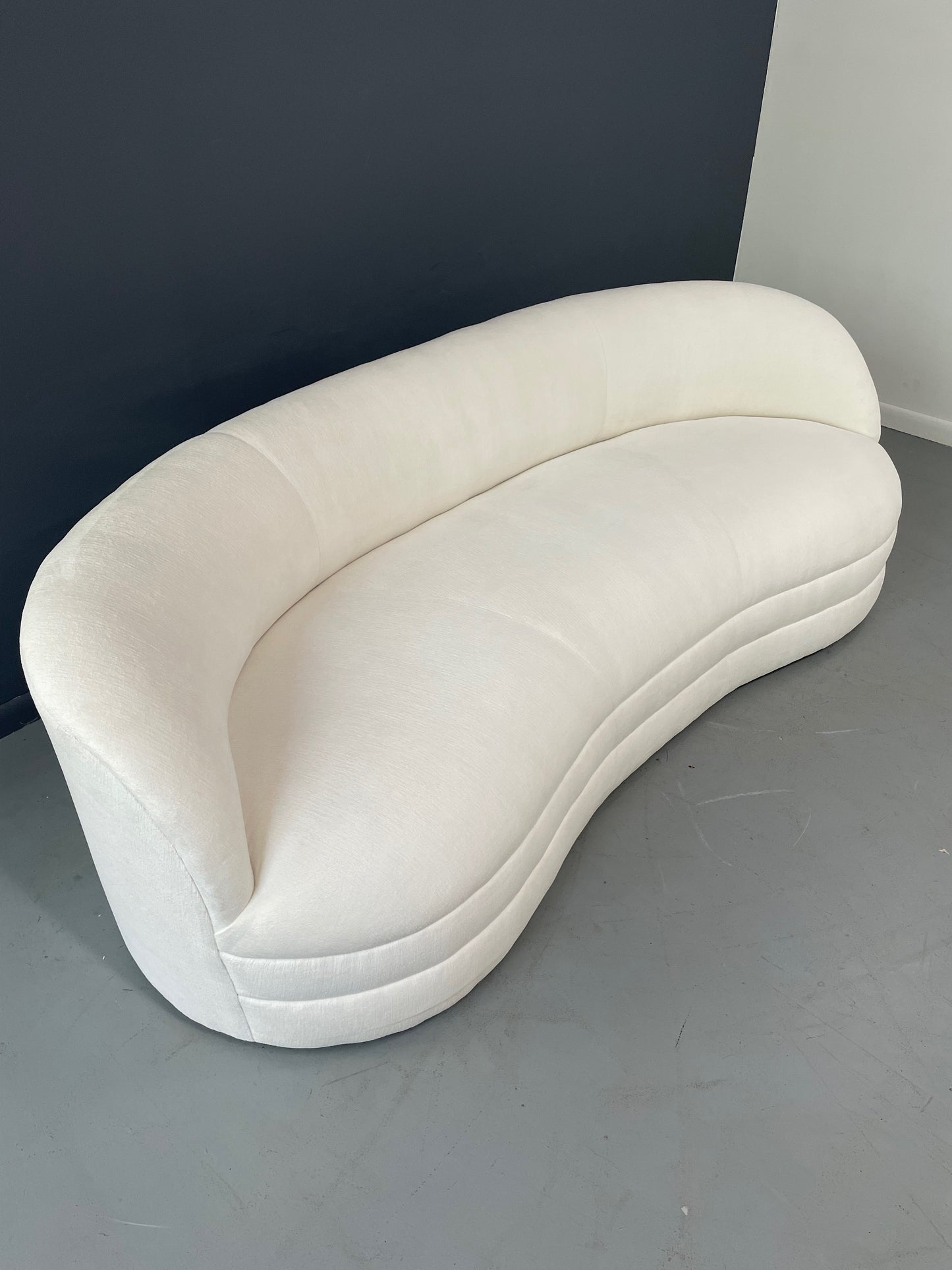 SOLD – Weiman Style Curved Mid Century Sofain Textured White Velvet