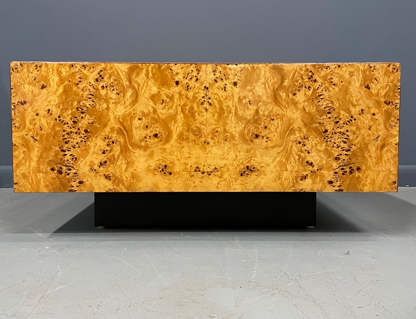 SOLD – Burl Coffee Table on a Plinth Base in The Style of Milo Baughman Mid Century