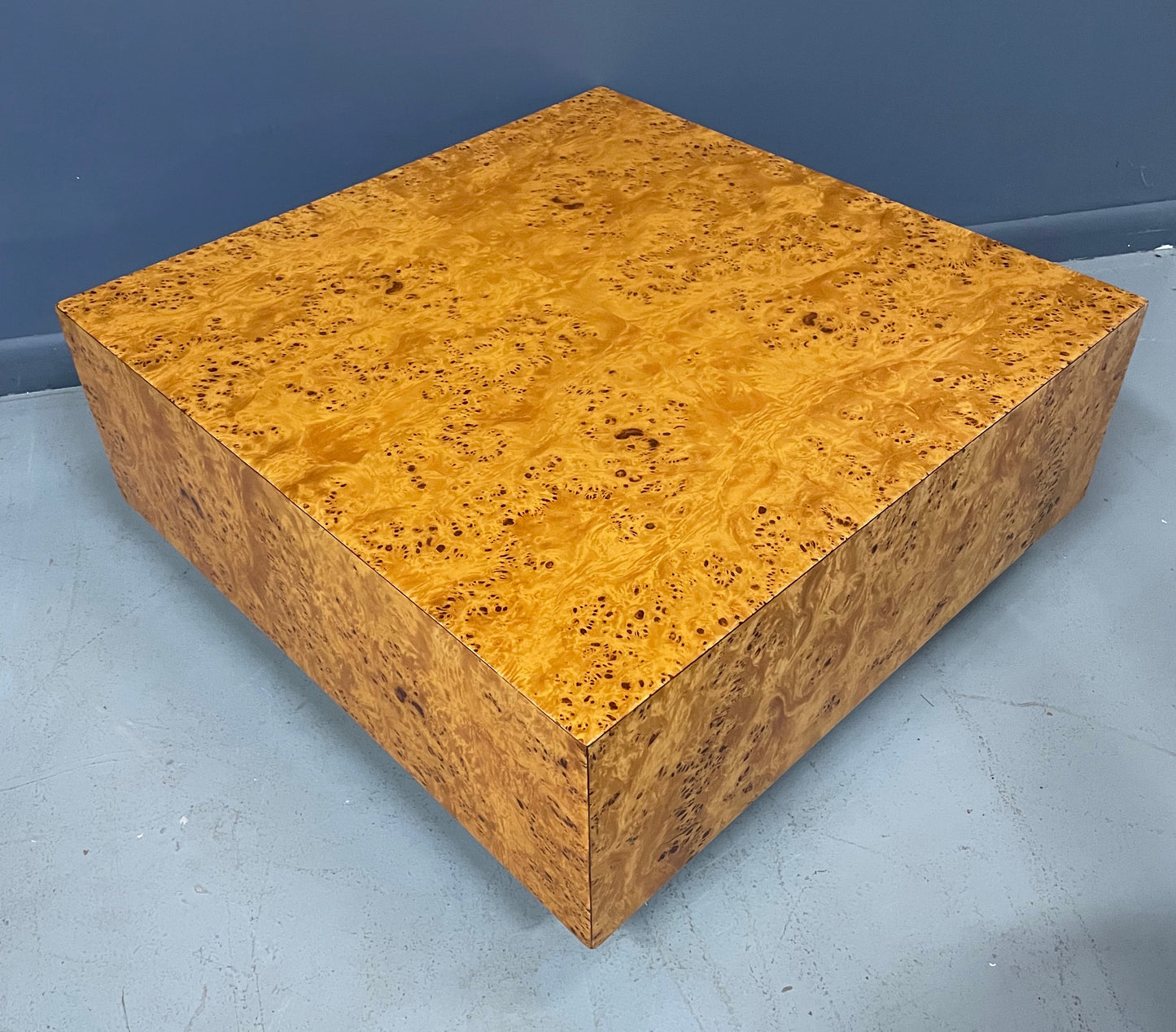 SOLD – Burl Coffee Table on a Plinth Base in The Style of Milo Baughman Mid Century