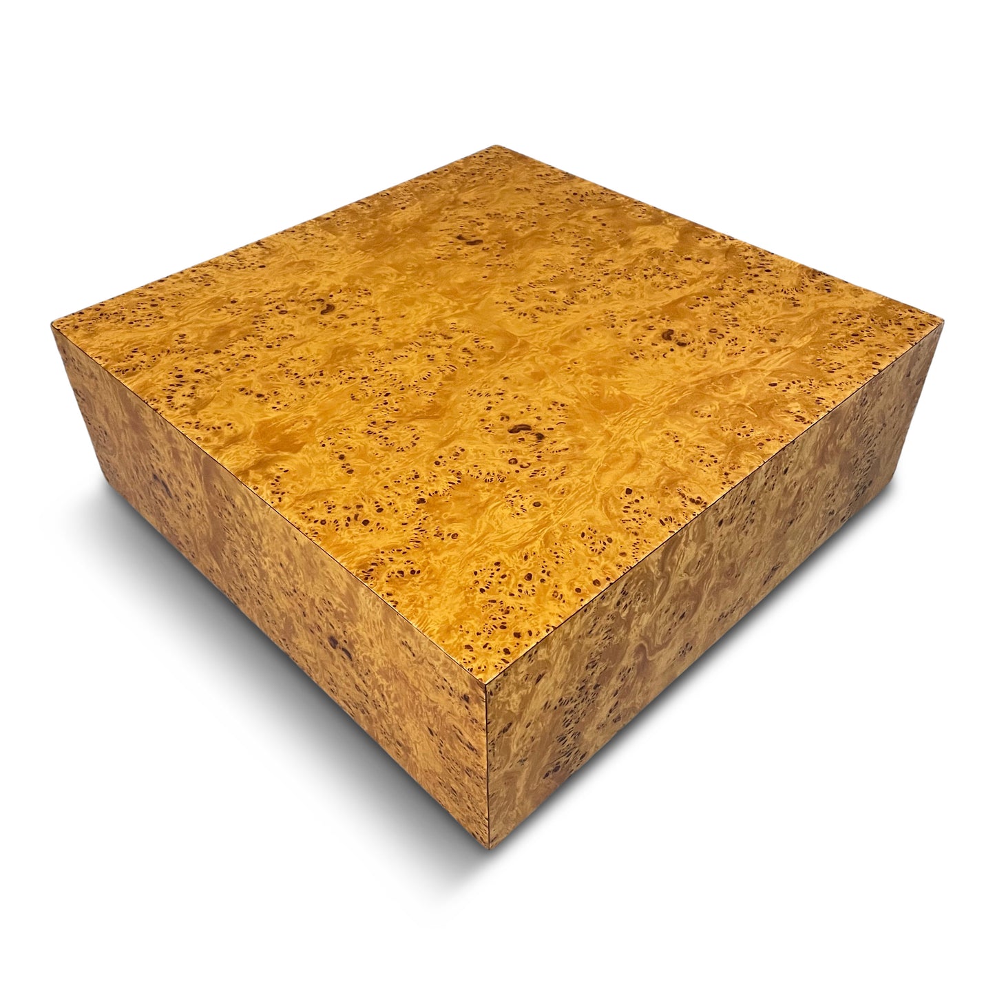 SOLD – Burl Coffee Table on a Plinth Base in The Style of Milo Baughman Mid Century