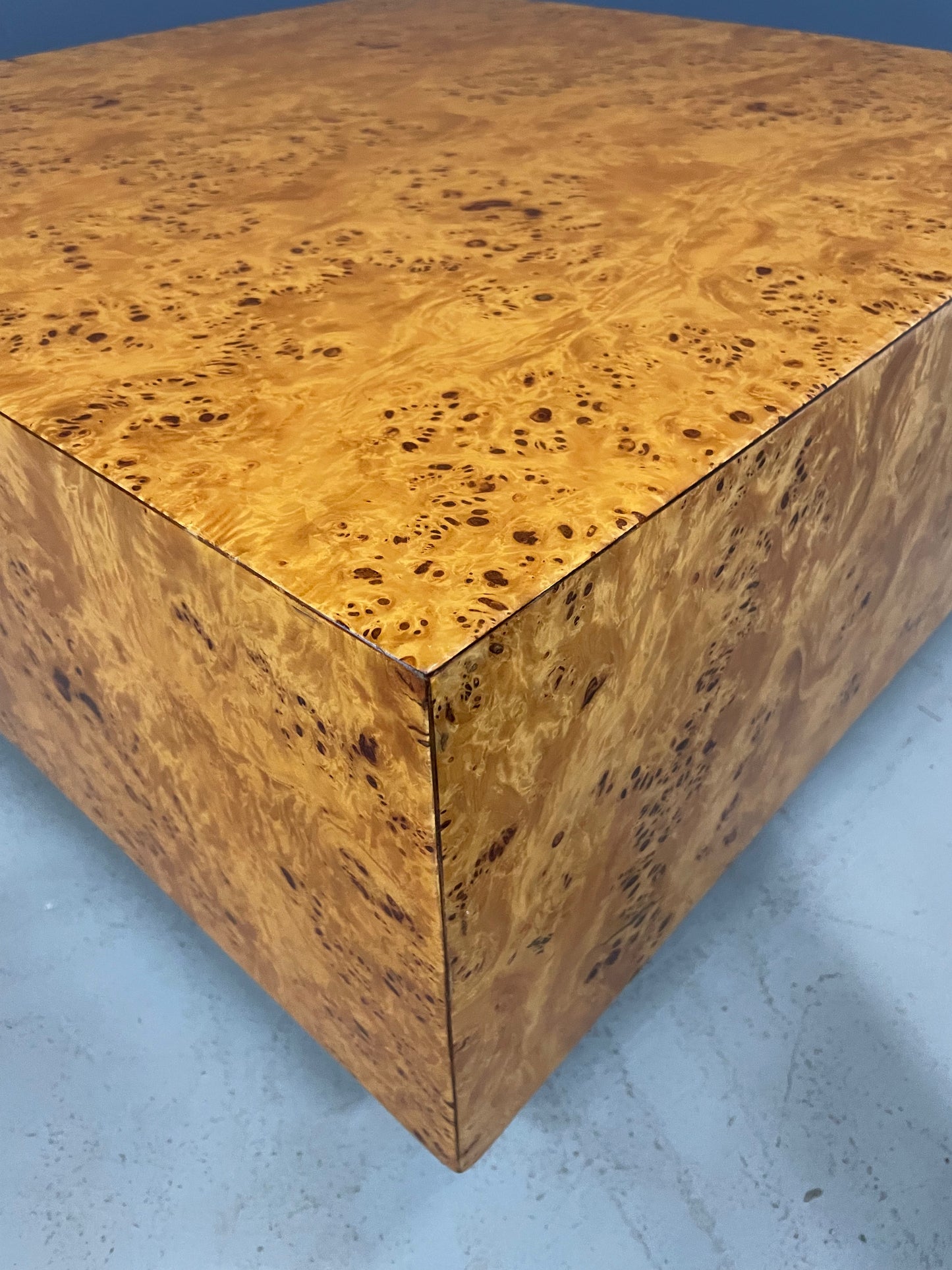 SOLD – Burl Coffee Table on a Plinth Base in The Style of Milo Baughman Mid Century