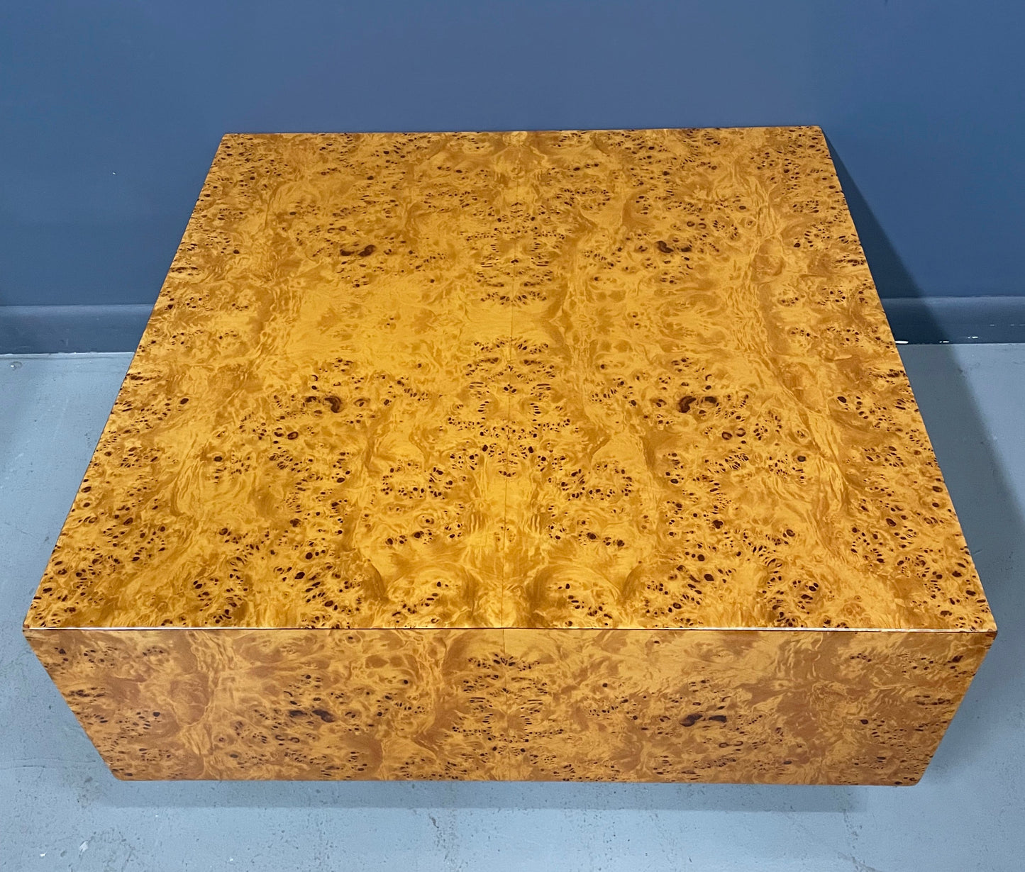 SOLD – Burl Coffee Table on a Plinth Base in The Style of Milo Baughman Mid Century