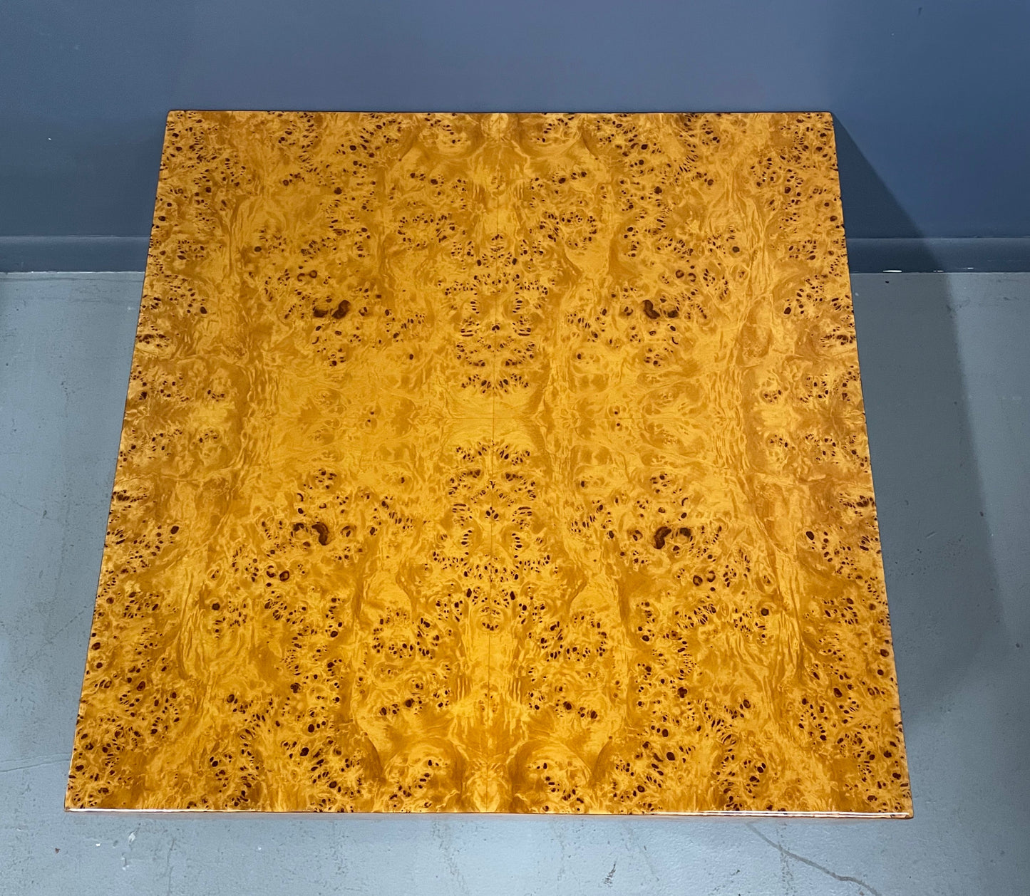 SOLD – Burl Coffee Table on a Plinth Base in The Style of Milo Baughman Mid Century