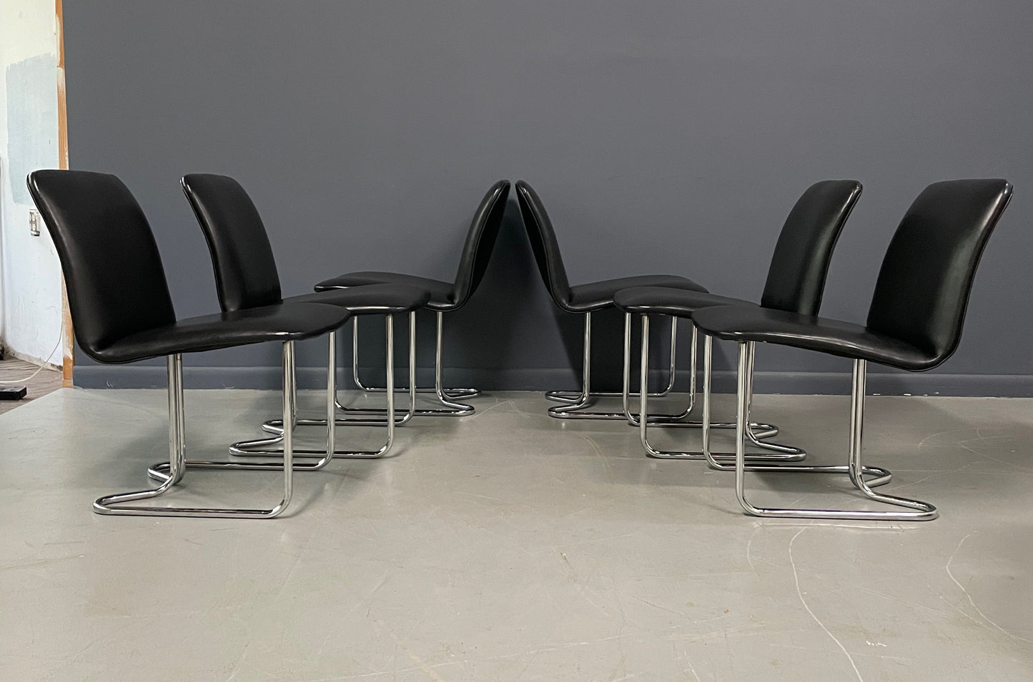 SOLD – Milo Baughman for DIA Rare Set of Six Chrome Cantilevered Dining Chairs