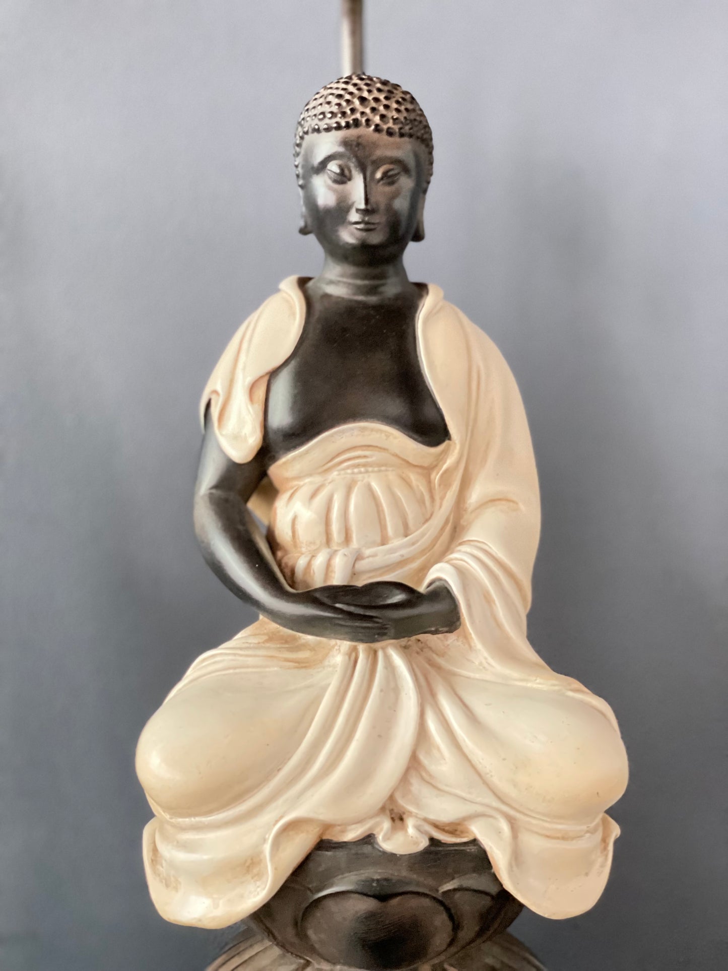 SOLD – Chapman Pair of Ceramic Table Lamps of Sitting Buddhas on a rosewood base