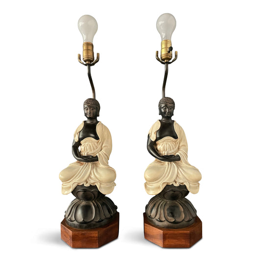SOLD – Chapman Pair of Ceramic Table Lamps of Sitting Buddhas on a rosewood base