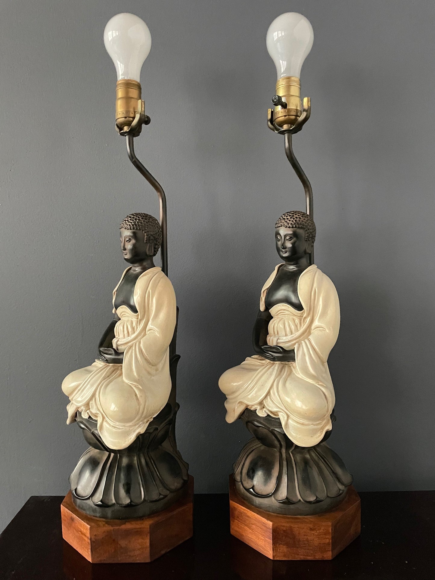 SOLD – Chapman Pair of Ceramic Table Lamps of Sitting Buddhas on a rosewood base