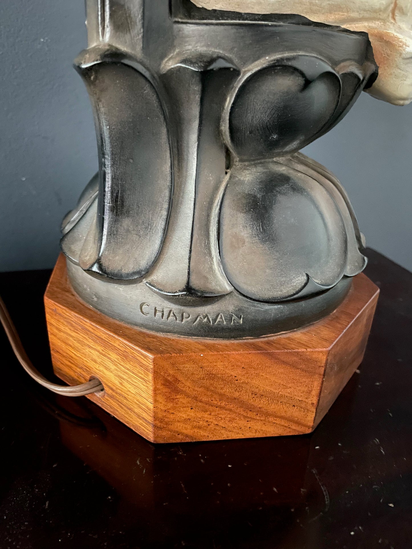 SOLD – Chapman Pair of Ceramic Table Lamps of Sitting Buddhas on a rosewood base