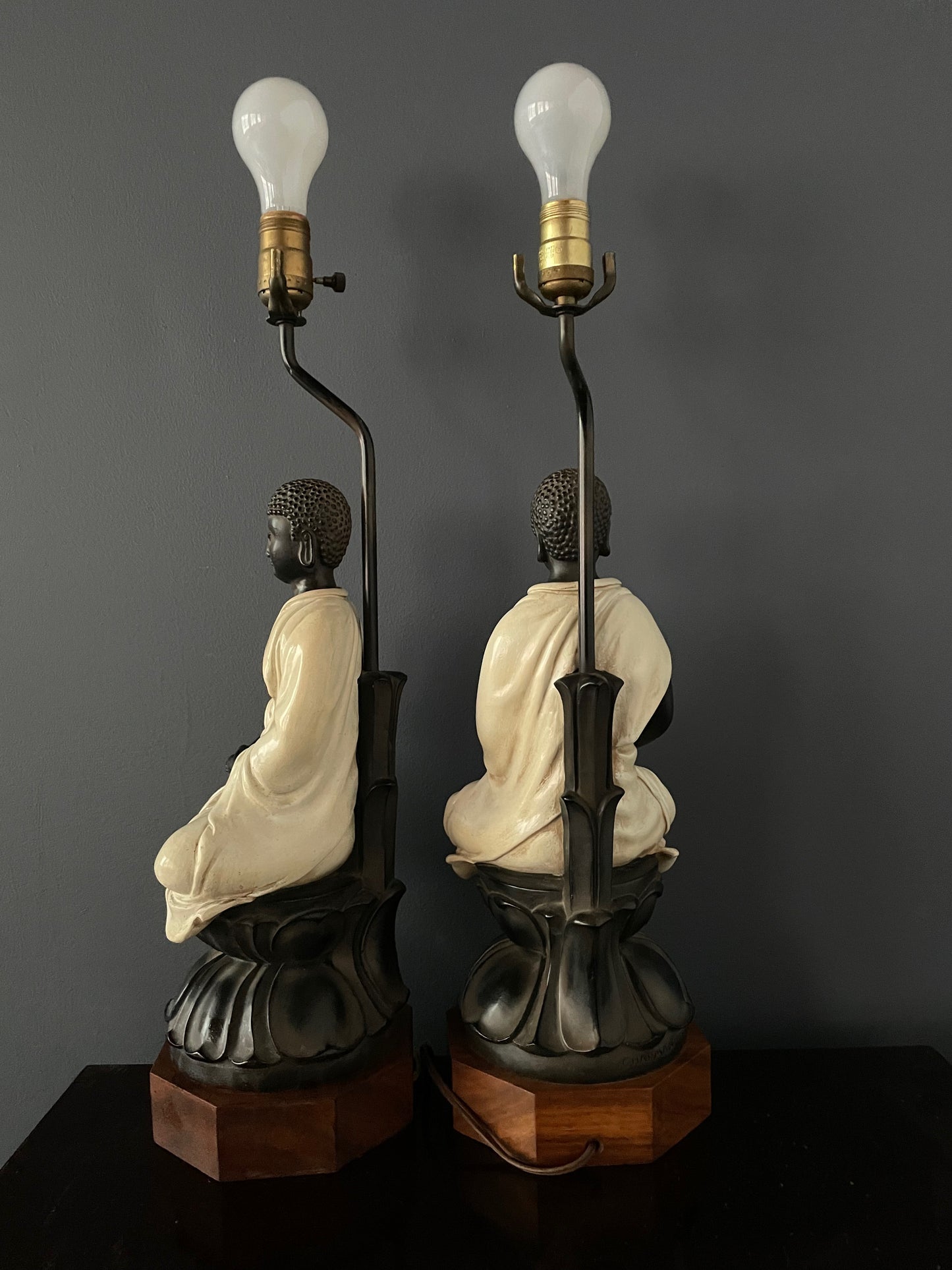 SOLD – Chapman Pair of Ceramic Table Lamps of Sitting Buddhas on a rosewood base