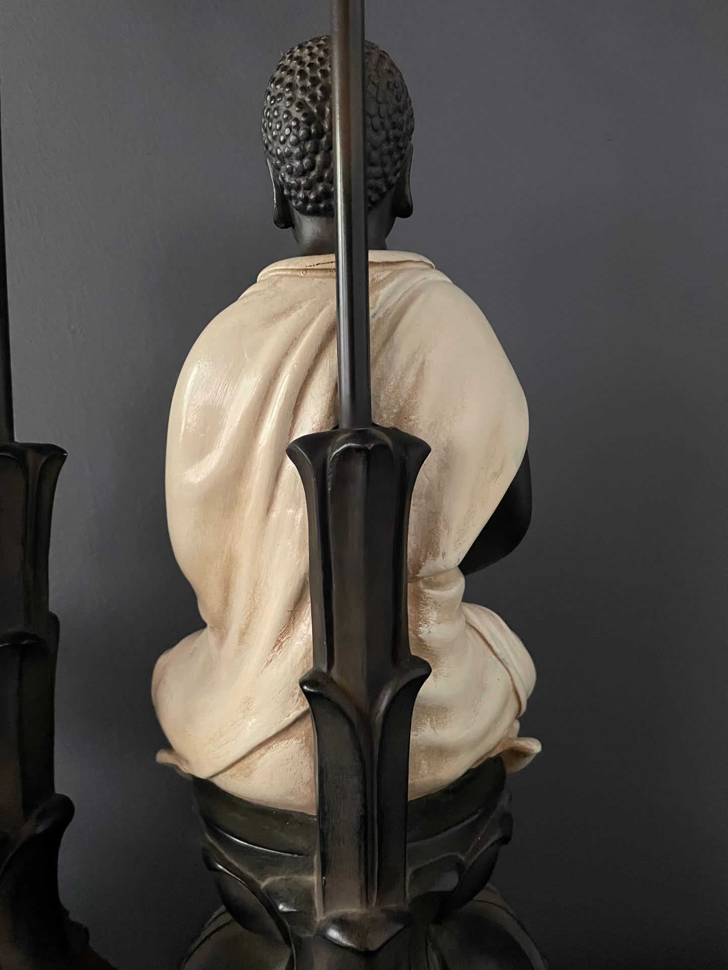 SOLD – Chapman Pair of Ceramic Table Lamps of Sitting Buddhas on a rosewood base