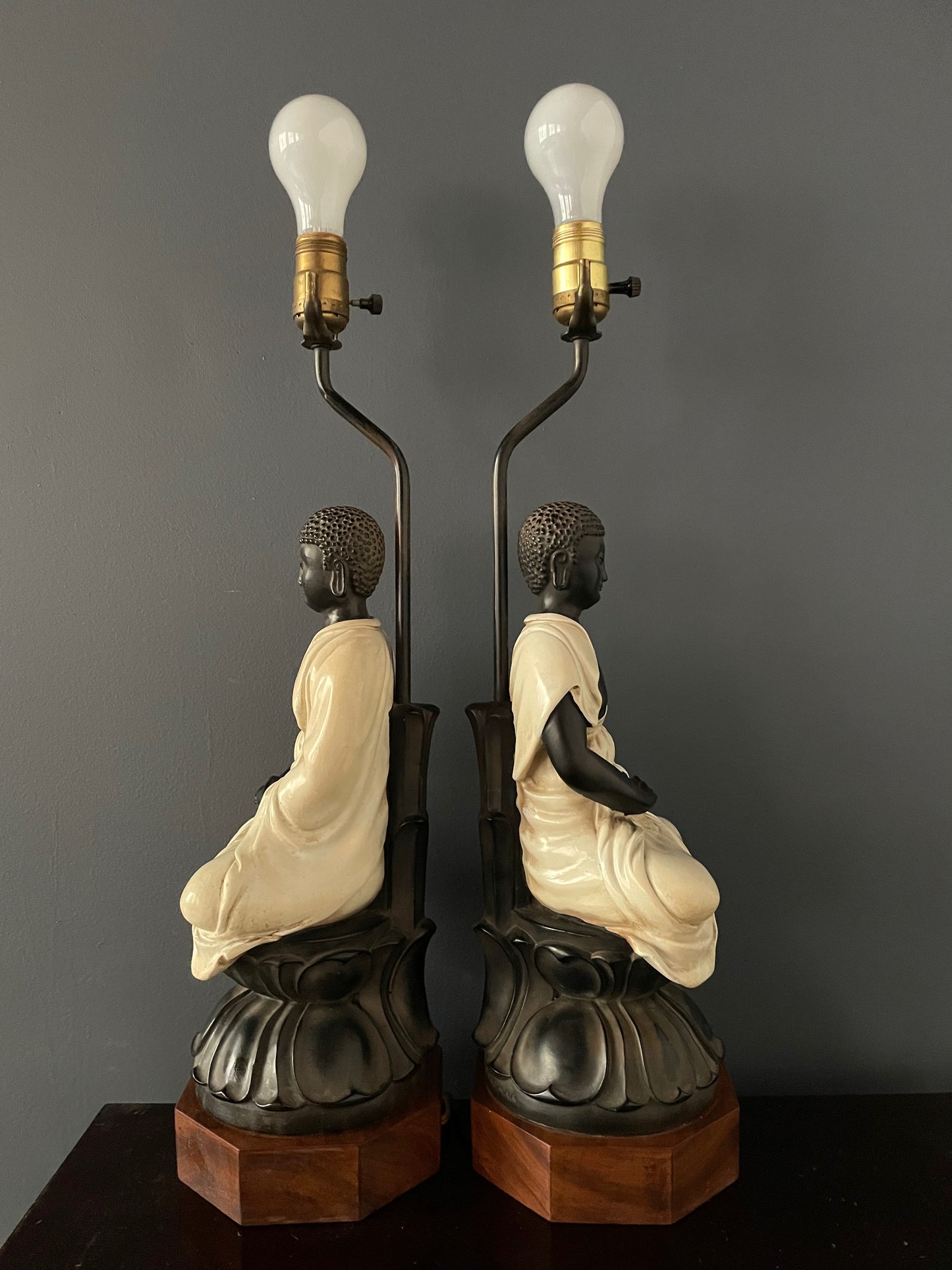 SOLD – Chapman Pair of Ceramic Table Lamps of Sitting Buddhas on a rosewood base