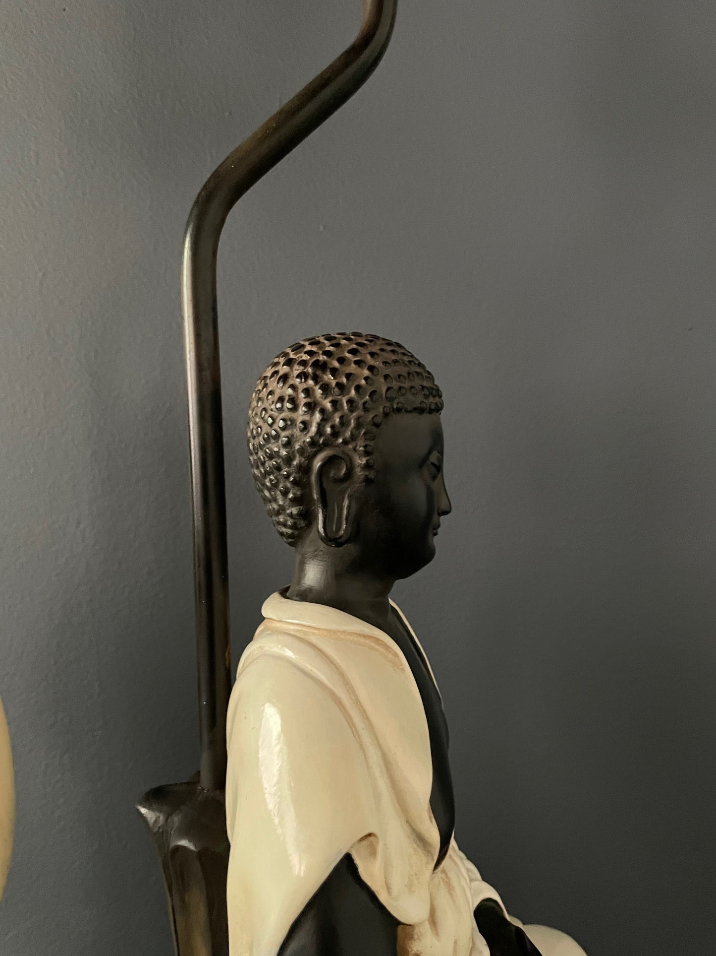 SOLD – Chapman Pair of Ceramic Table Lamps of Sitting Buddhas on a rosewood base