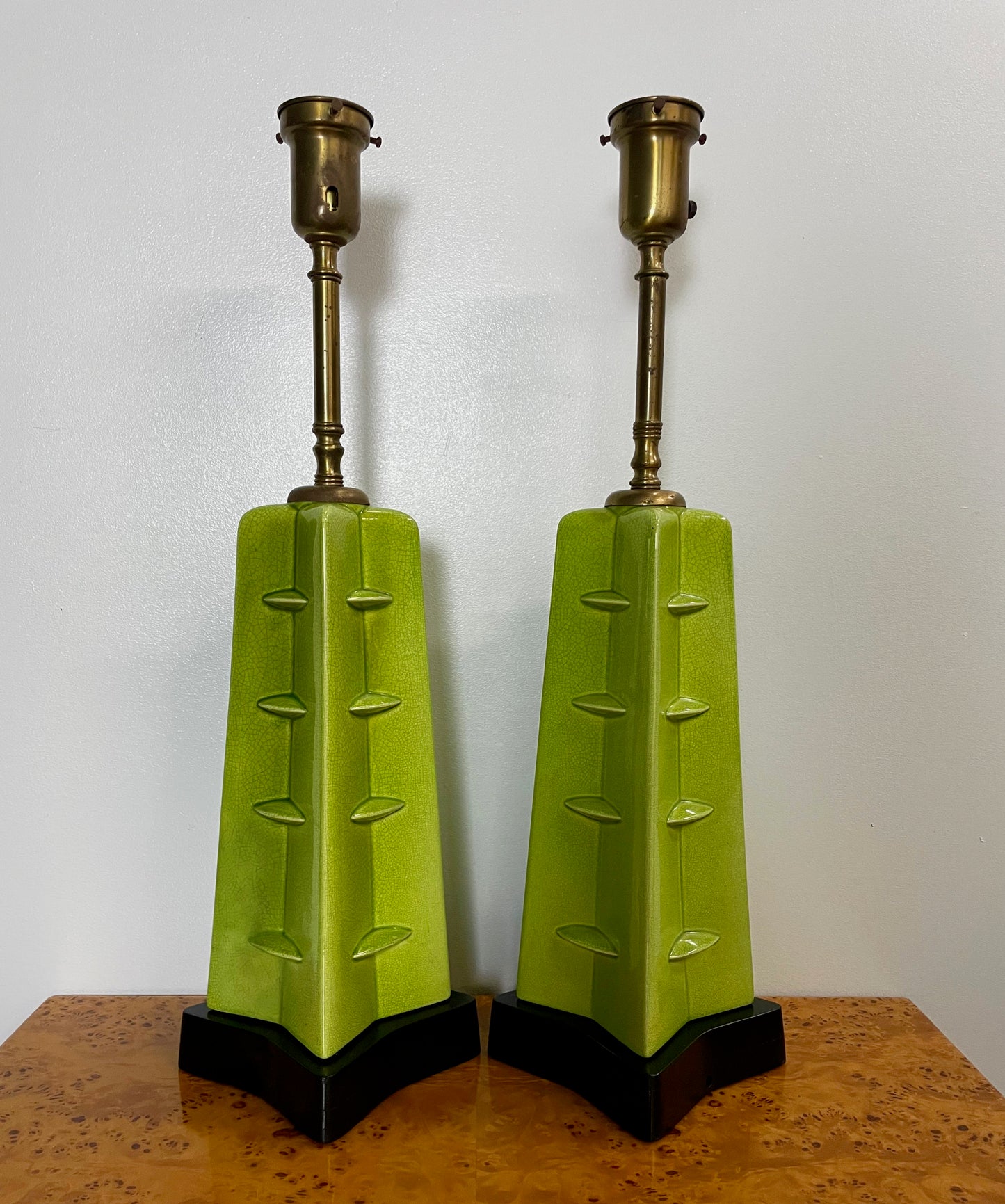 SOLD – Crackle Glazed Chartreuse Ceramic Mid Century Table Lamps a Pair
