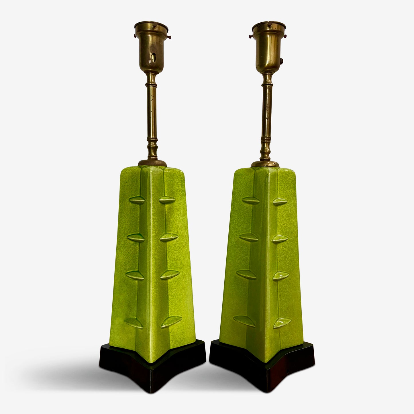 SOLD – Crackle Glazed Chartreuse Ceramic Mid Century Table Lamps a Pair