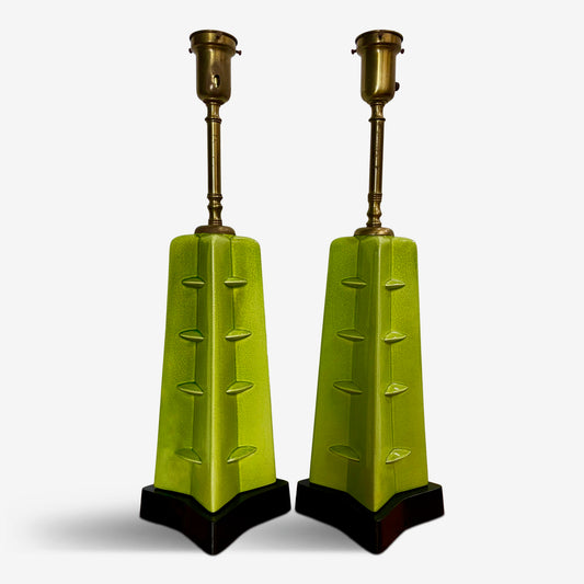 SOLD – Crackle Glazed Chartreuse Ceramic Mid Century Table Lamps a Pair