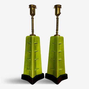 Crackle Glazed Chartreuse Ceramic Mid Century Table Lamps a Pair