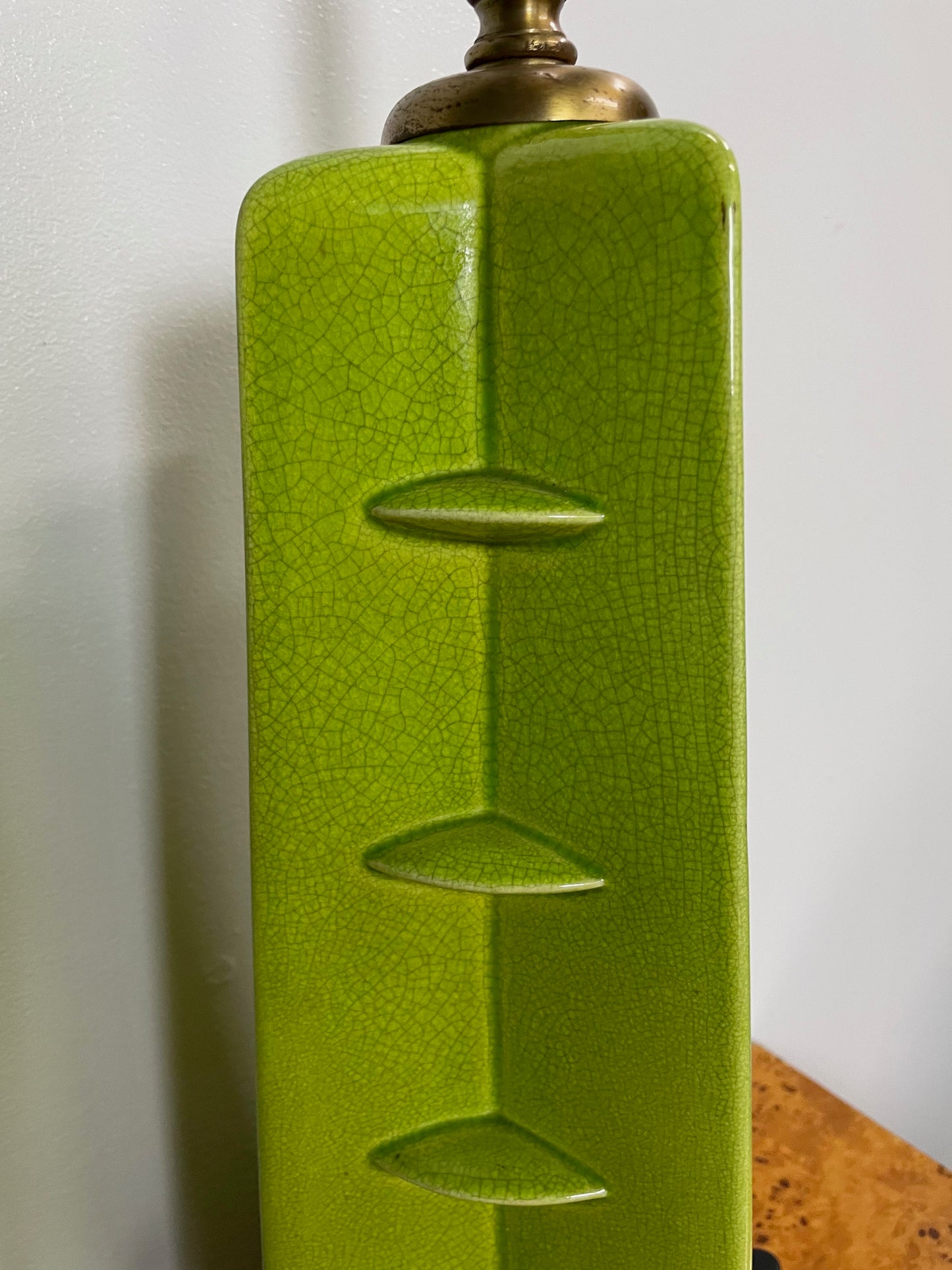 SOLD – Crackle Glazed Chartreuse Ceramic Mid Century Table Lamps a Pair