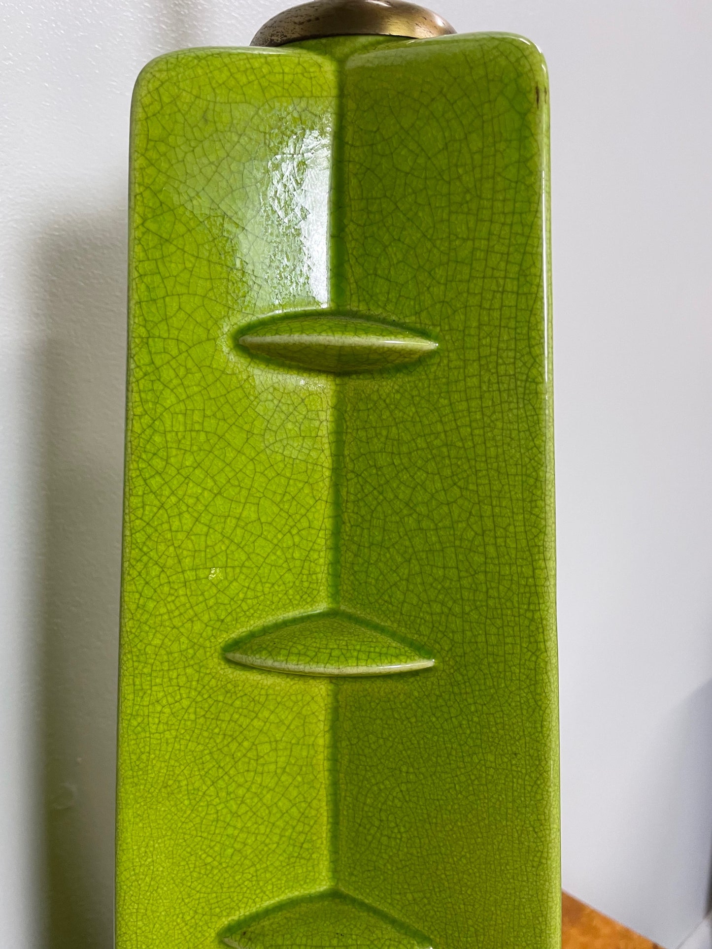 SOLD – Crackle Glazed Chartreuse Ceramic Mid Century Table Lamps a Pair