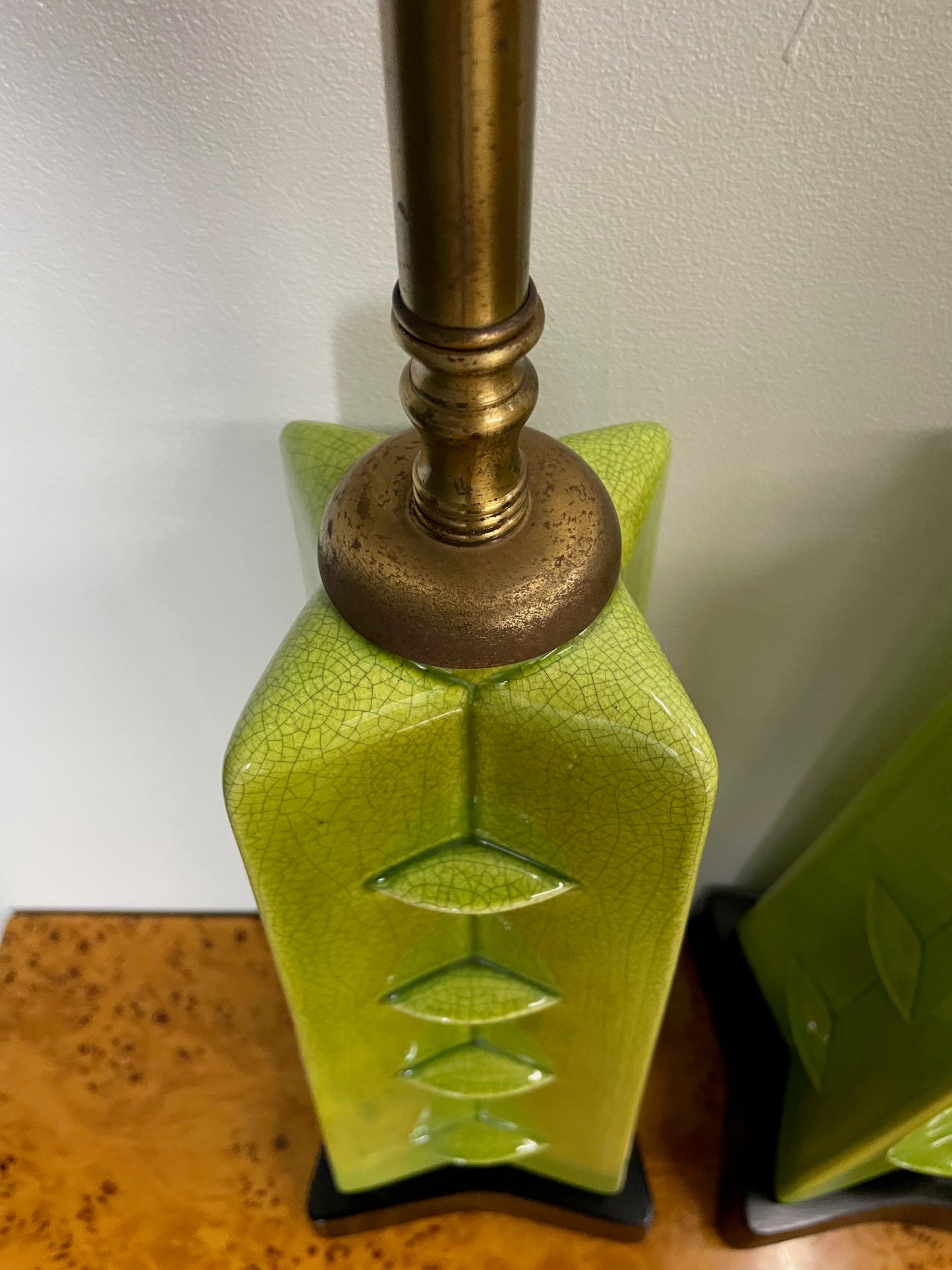 SOLD – Crackle Glazed Chartreuse Ceramic Mid Century Table Lamps a Pair