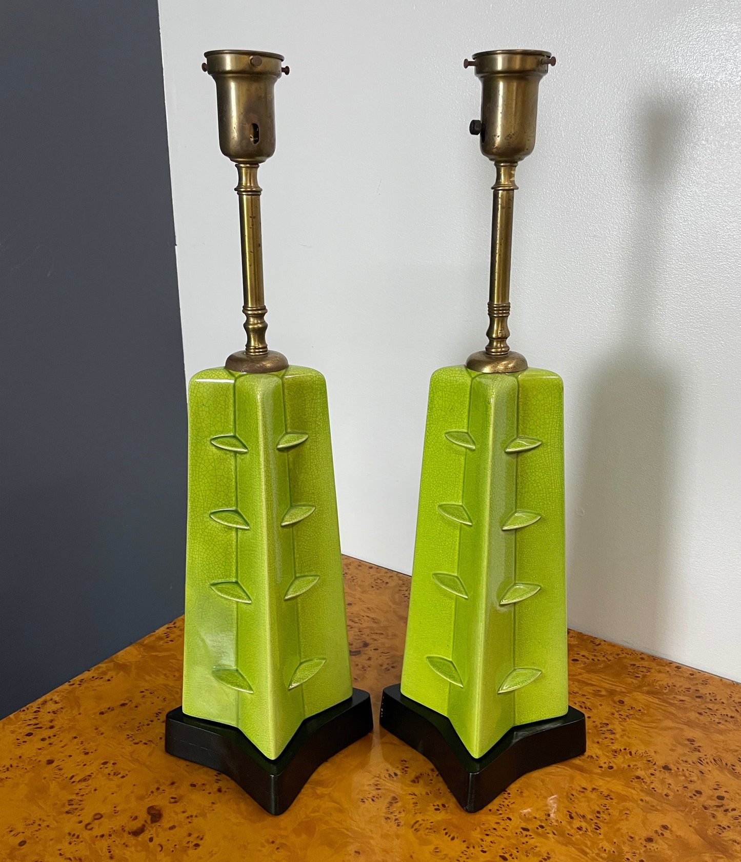 SOLD – Crackle Glazed Chartreuse Ceramic Mid Century Table Lamps a Pair