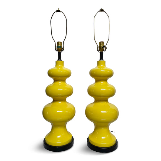 SOLD – Mid Century Curvaceous Ceramic Large Bright Yellow Table Lamps a Pair