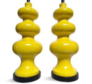 Mid Century Curvaceous Ceramic Large Bright Yellow Table Lamps a Pair