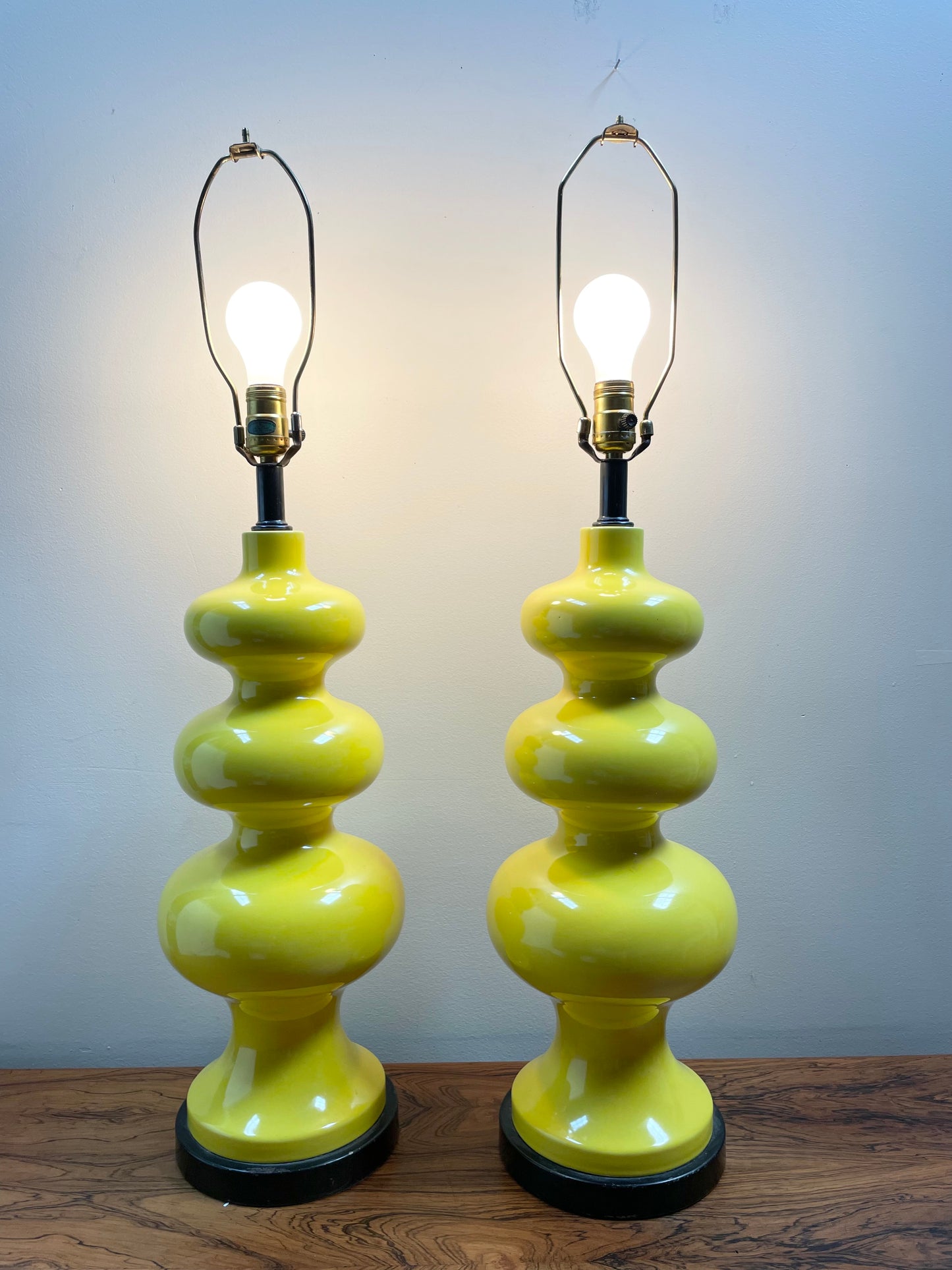 SOLD – Mid Century Curvaceous Ceramic Large Bright Yellow Table Lamps a Pair
