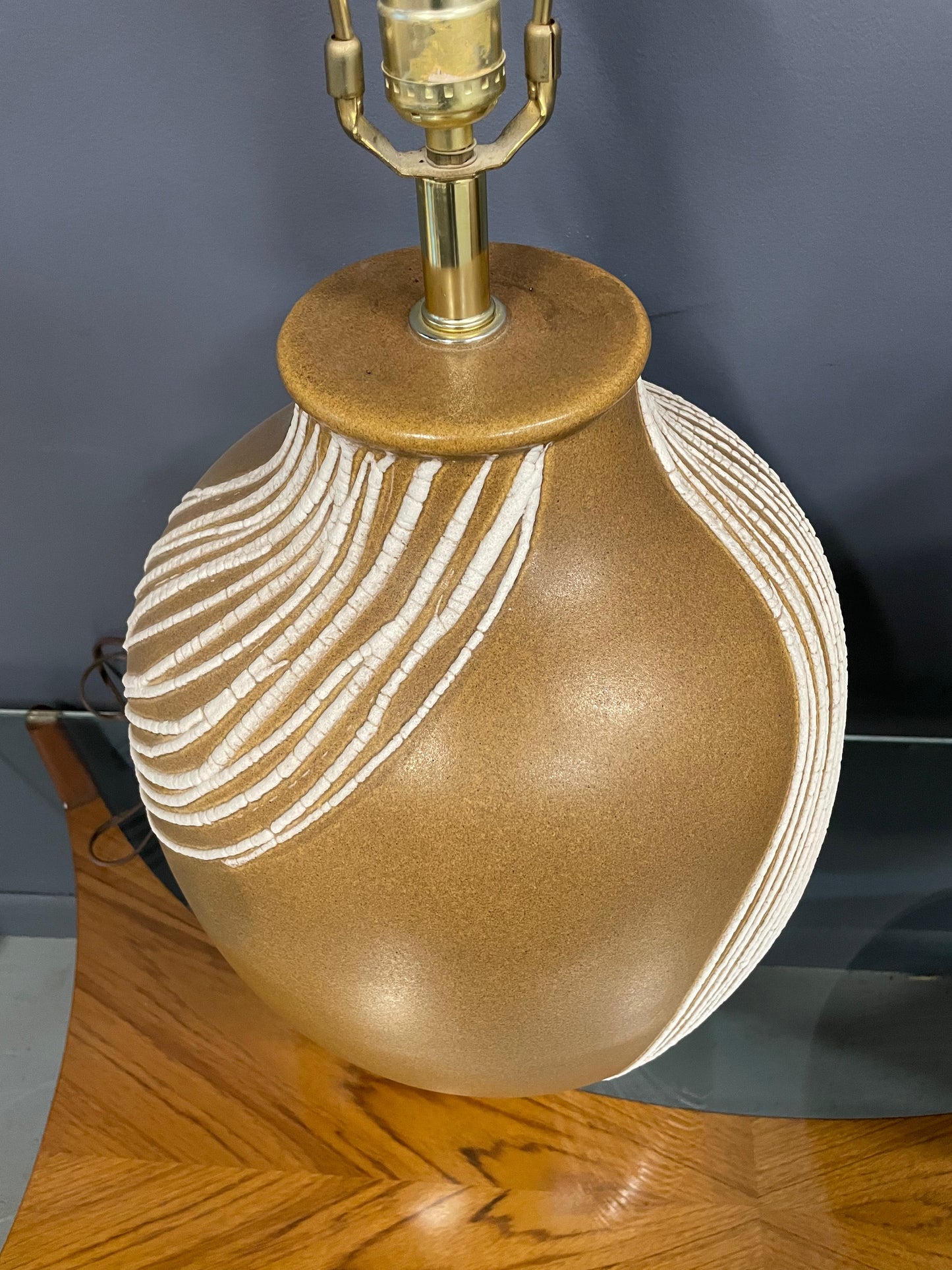 SOLD – Mid Century Pair of Ceramic Caramel Colored Lamps with White Appliquéd Stripes