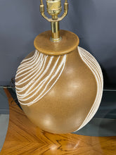 Load image into Gallery viewer, Mid Century Pair of Ceramic Caramel Colored Lamps with White Appliquéd Stripes