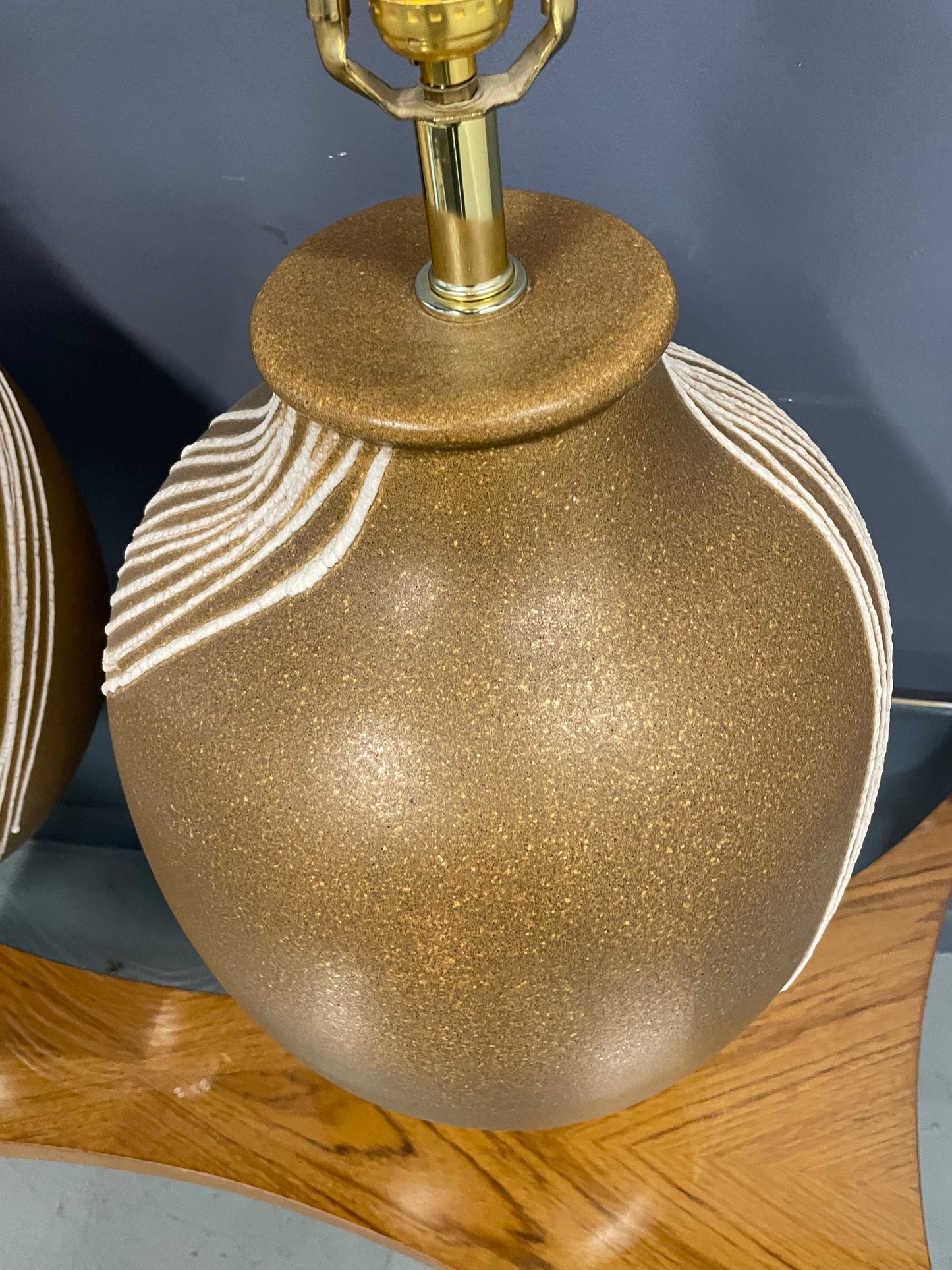 SOLD – Mid Century Pair of Ceramic Caramel Colored Lamps with White Appliquéd Stripes