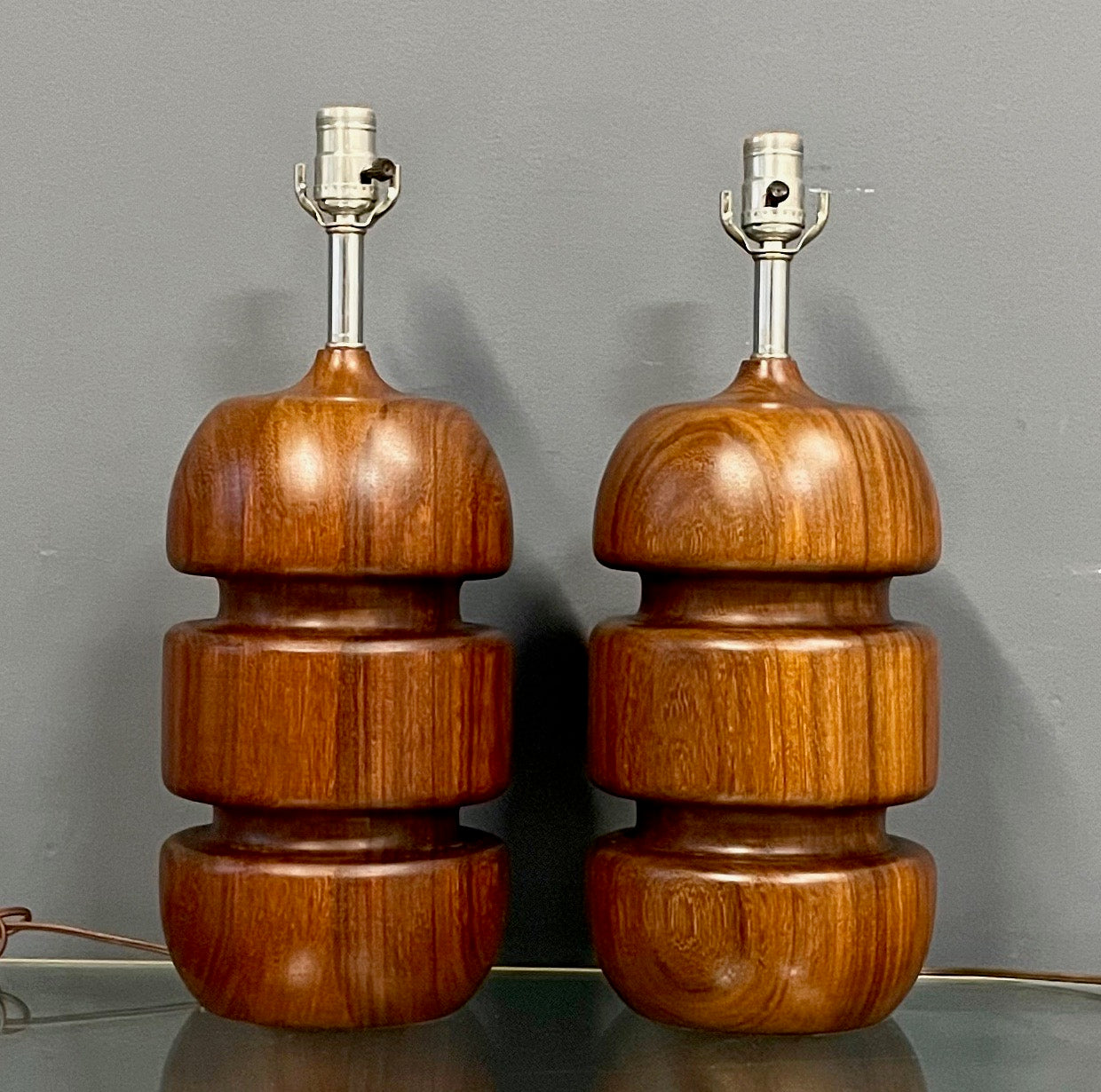 SOLD – Scandinavian Turned Teak Table Lamps Mid Century a Pair