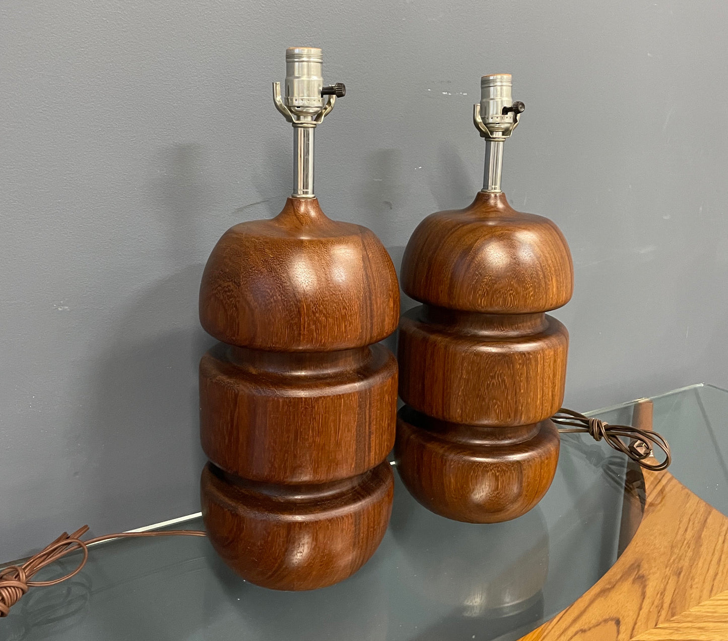 SOLD – Scandinavian Turned Teak Table Lamps Mid Century a Pair