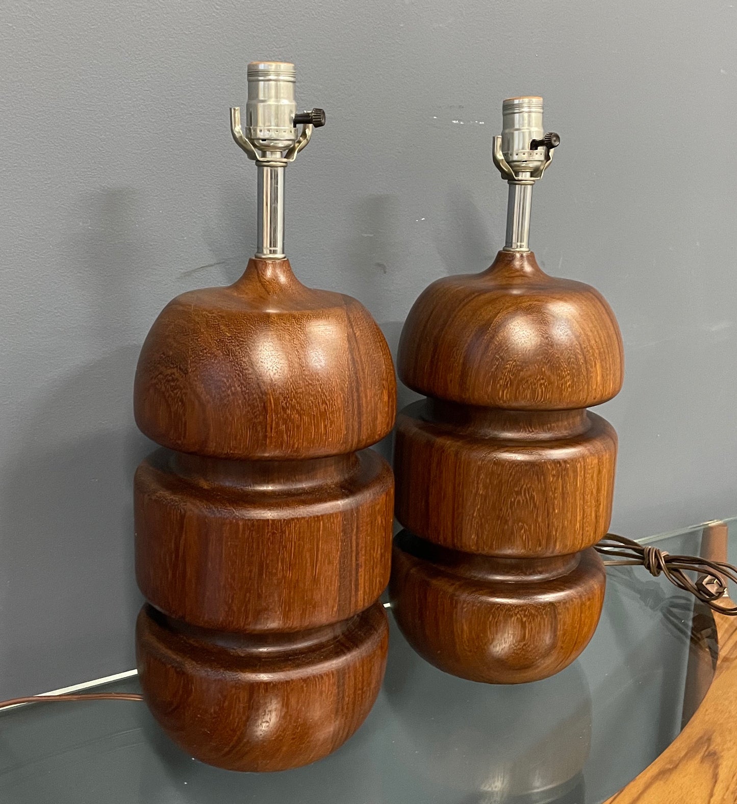 SOLD – Scandinavian Turned Teak Table Lamps Mid Century a Pair