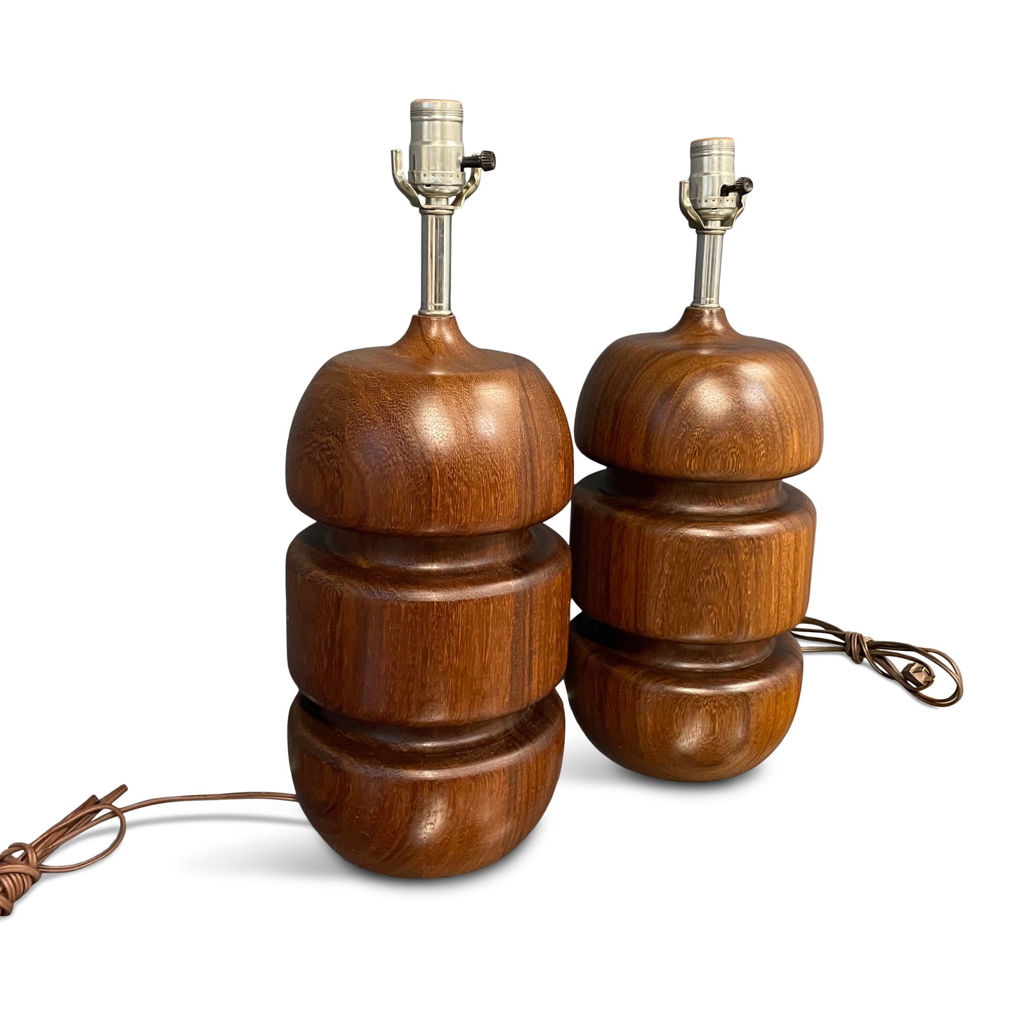 SOLD – Scandinavian Turned Teak Table Lamps Mid Century a Pair