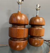 Load image into Gallery viewer, Scandinavian Turned Teak Table Lamps Mid Century a Pair
