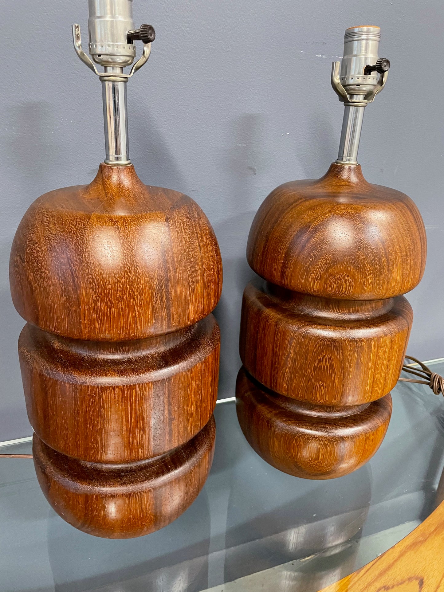 SOLD – Scandinavian Turned Teak Table Lamps Mid Century a Pair