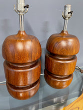 Load image into Gallery viewer, Scandinavian Turned Teak Table Lamps Mid Century a Pair