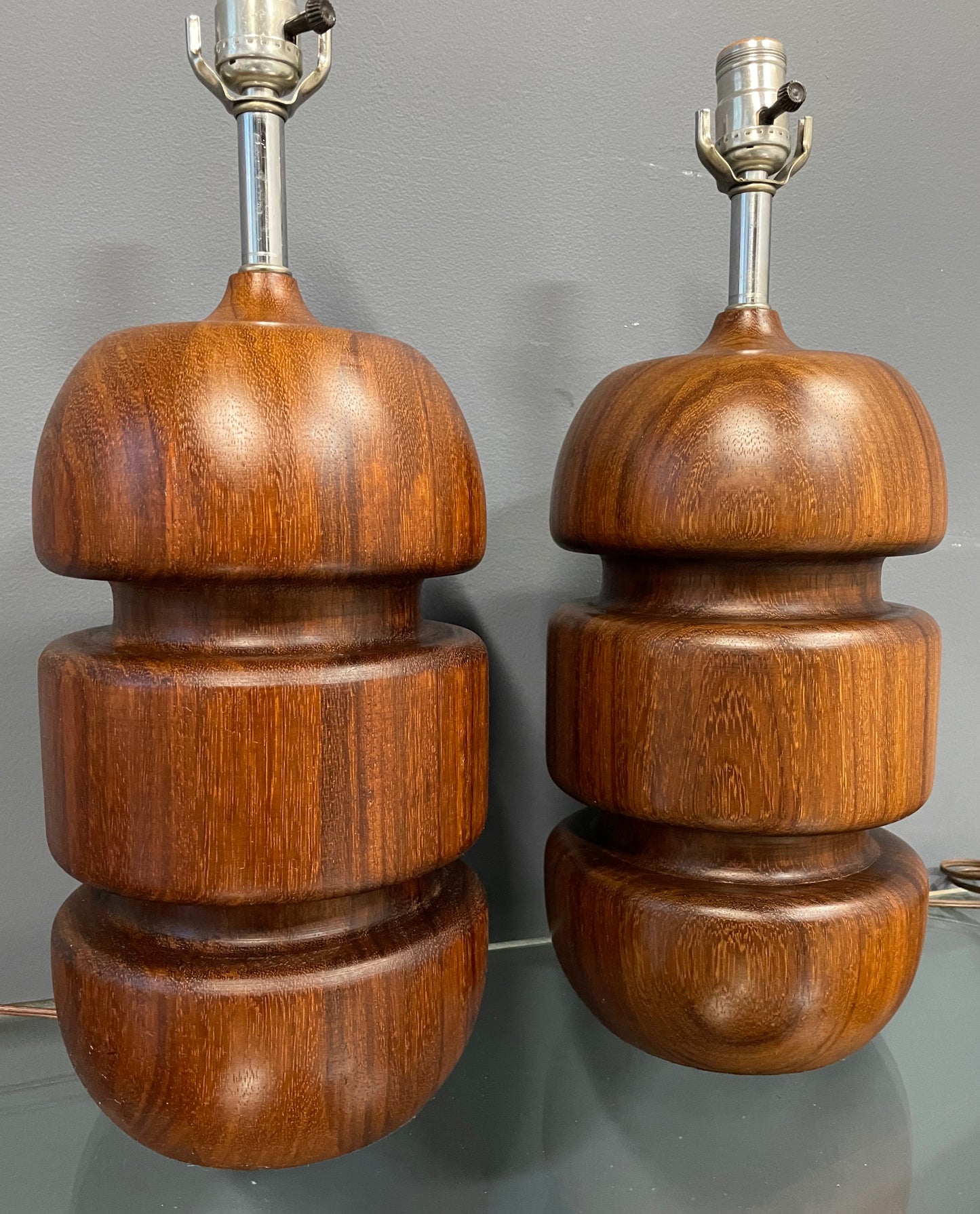 SOLD – Scandinavian Turned Teak Table Lamps Mid Century a Pair