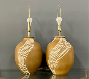 Mid Century Pair of Ceramic Caramel Colored Lamps with White Appliquéd Stripes