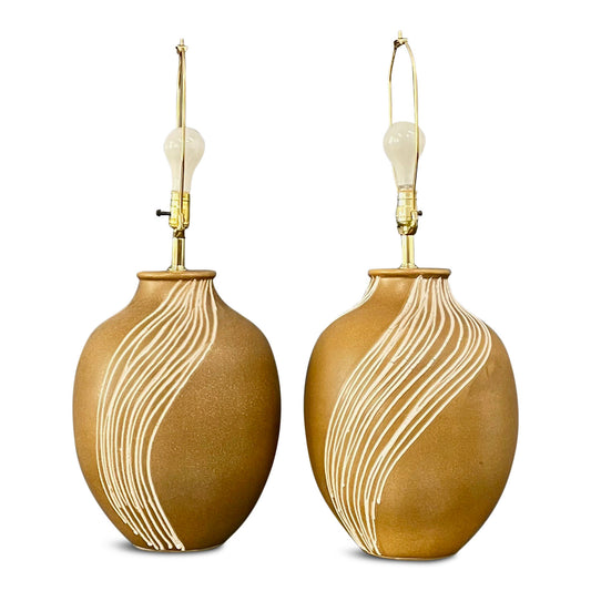 SOLD – Mid Century Pair of Ceramic Caramel Colored Lamps with White Appliquéd Stripes