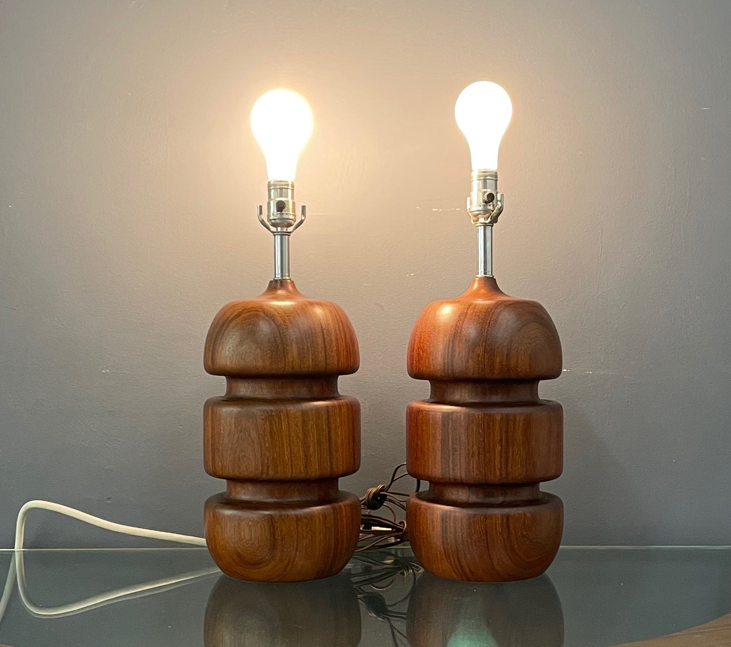 SOLD – Scandinavian Turned Teak Table Lamps Mid Century a Pair