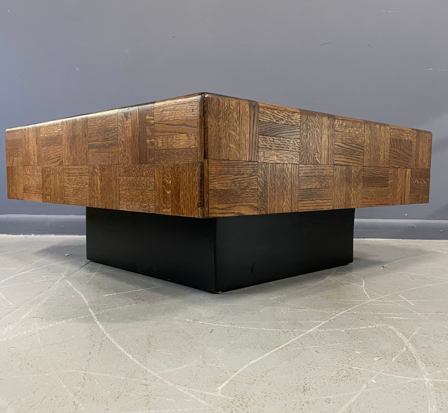 SOLD – 1970s Parquet Floating Cocktail/Coffee Table with a Plinth Base Mid Century